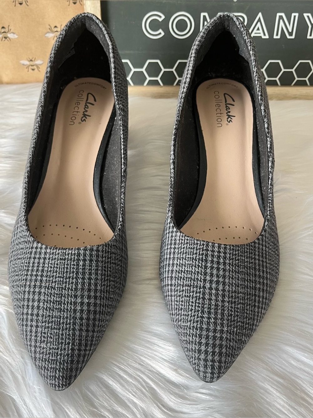Clarks Collection Block Heel Pumps-Teresa Step-Black Plaid Size 8 W